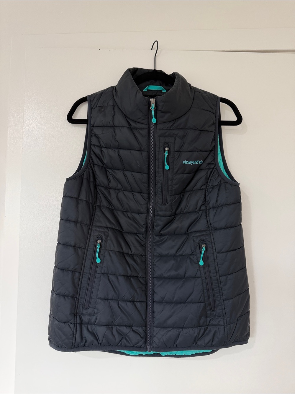 Vineyard Vines Black Quilted Puffer Vest with Teal Accents